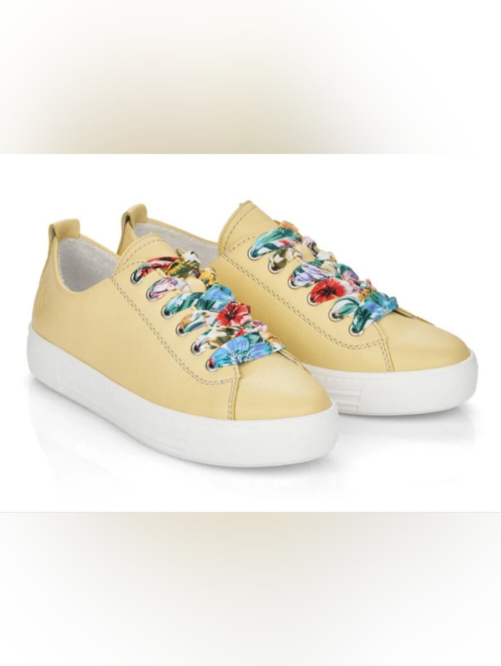 Remonte D0900-69 Sneakers In Lemon Yellow Leather with Floral Ribbon Laces. NWT.